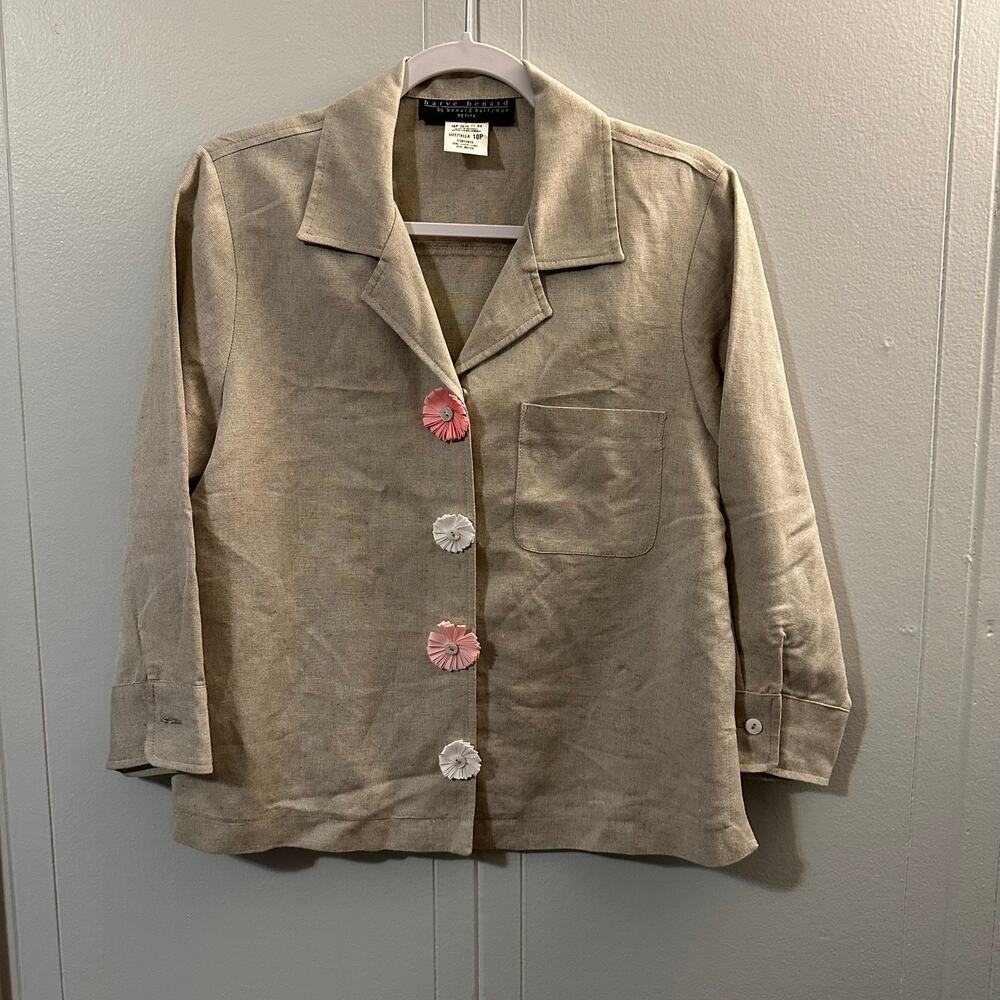 Harve Benard Linen Blend Jacket Womens 10P Beige EUC Rosette Flower Button Shirt